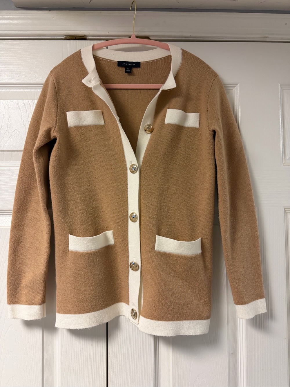 Ann Taylor Camel Tan Cream Contrast-Trim Cardigan XSP Petite XS